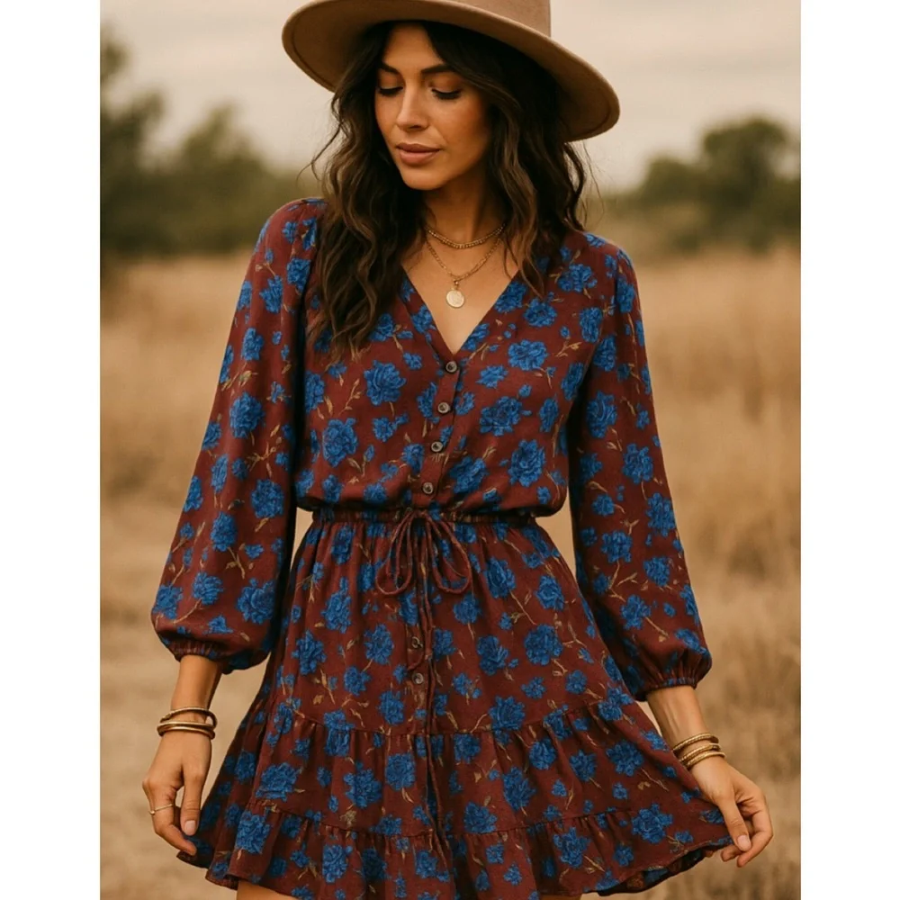 Free People Burgundy Blue Floral Long Sleeve Tie Waist Mini Dress Small